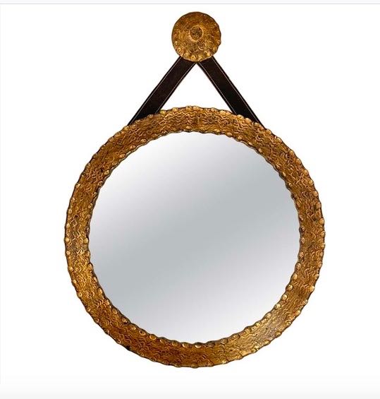 1950's Spanish Round Gold GIlt Mirror with Faux Leather Strap