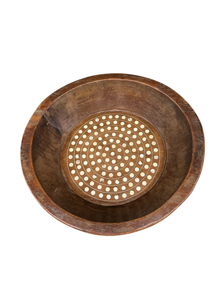 Contemporary Indian Round Wood Bowl with Bone Inlay