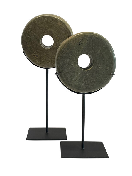 Contemporary Chinese Set of Two Thick Stone Discs on Stands