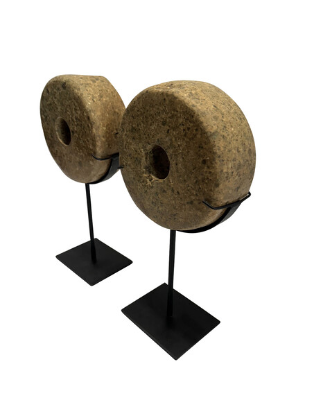 Contemporary Chinese Set of Two Thick Stone Discs on Stands