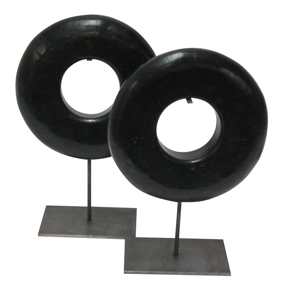 Contemporary Chinese Set of Two Thick Stone Discs on Stands