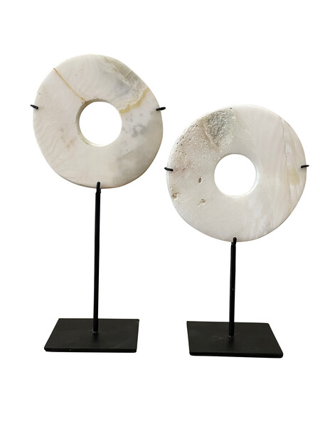 Contemporary Indonesian Set of Two Distressed Shell Discs on Stands