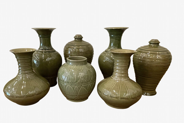 CONTEMPORARY CHINESE COLLECTION RIBBED OLIVE VASES