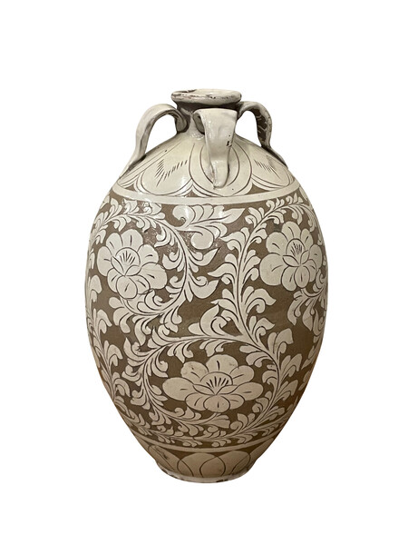 Contemporary Chinese Floral Embossed Four Handle Vase