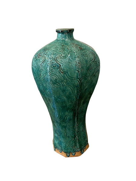 Contemporary Chinese Octaganol Emerald Glaze Vase