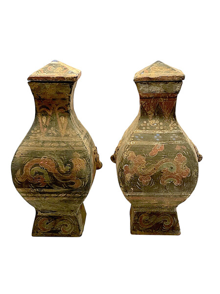 Contemporary Chinese Pair Handpainted Weathered Lidded Vases