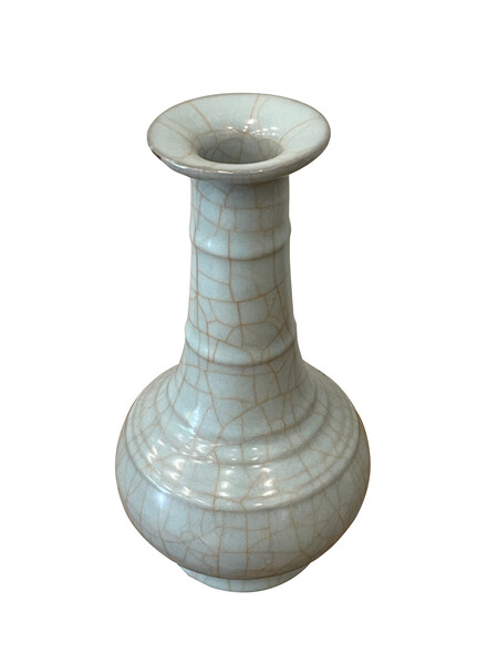 Contemporary Chinese Pale Blue Contrast Crackle Ribbed Tubular Neck Vase