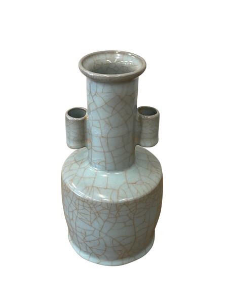 Contemporary Chinese Pale Blue Contrast Crackle Side Cylinder Detail Vase