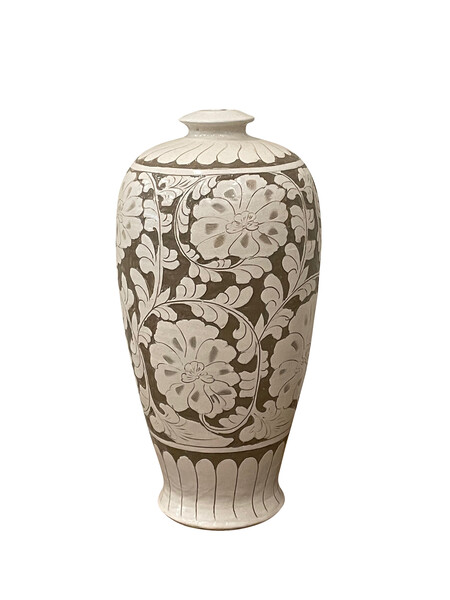 Contemporary Chinese Tall Floral Embossed  Vase