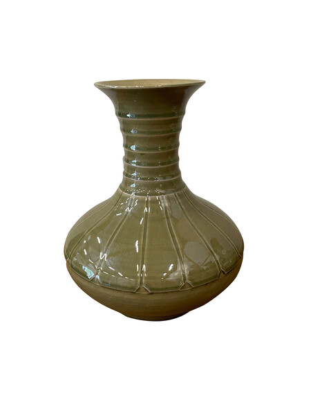 Contemporary Chinese Ribbed Glossy Olive Glazed Vase