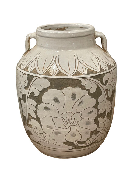Contemporary Chinese Two Handled Floral Embossed  Vase
