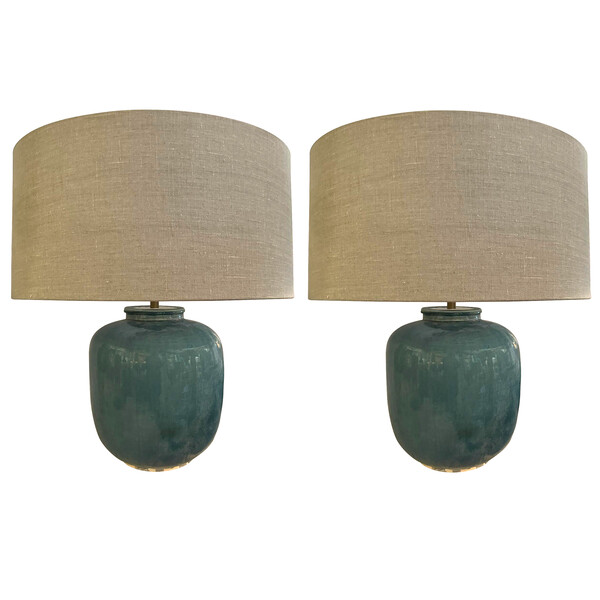 Contemporary Chinese Pair Barrel Shape Washed Turquoise Lamps