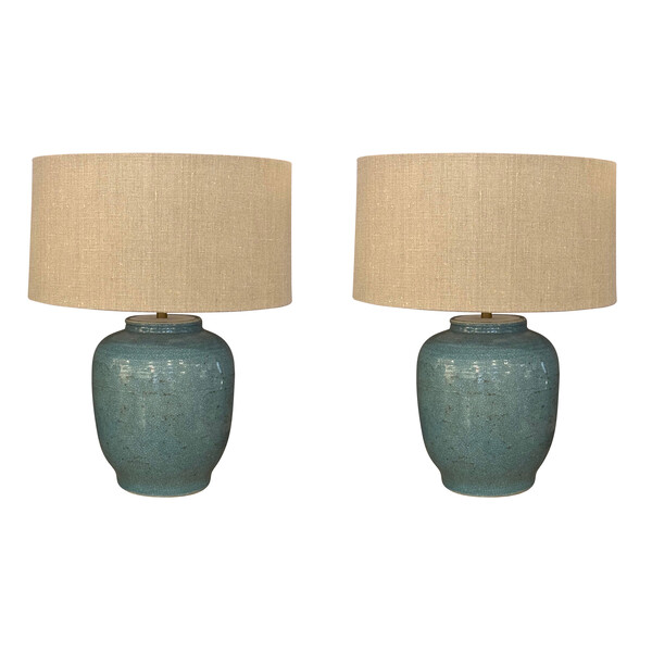 Contemporary Chinese Pair Blue Crackle Barrel Shaped Lamps