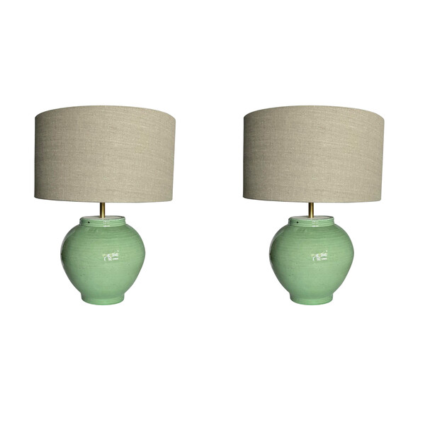 Contemporary Chinese Pair Celadon Lamps