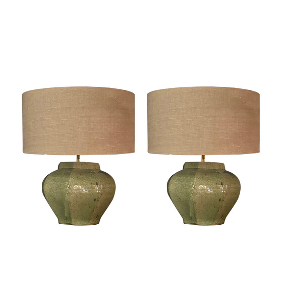 Contemporary Chinese Pair Celadon Octagonal Shaped Lamps