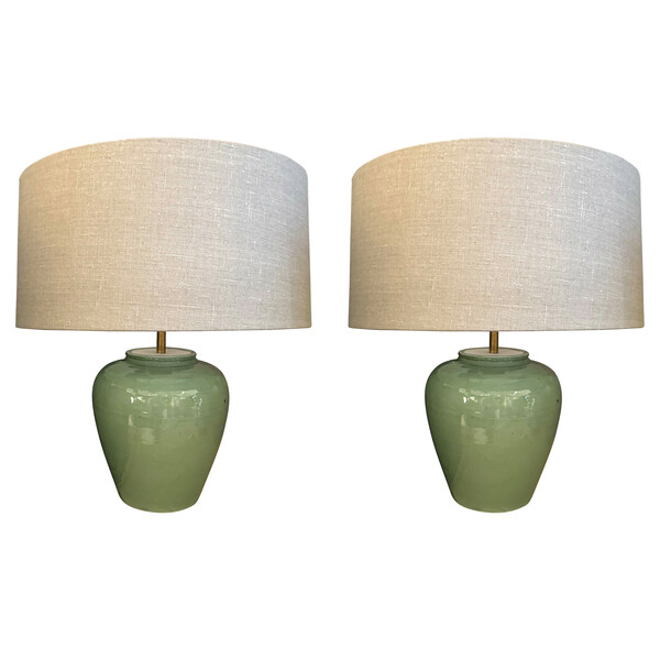 Contemporary Chinese Pair Celadon Pot Shaped Lamps