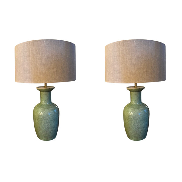 Contemporary Chinese Pair Crackle Celadon Glazed Lamps