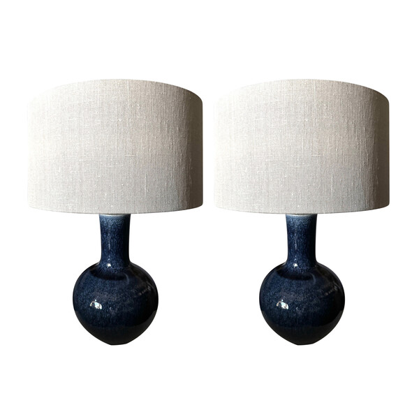 Contemporary Chinese Pair Dark Blue Glazed Lamps