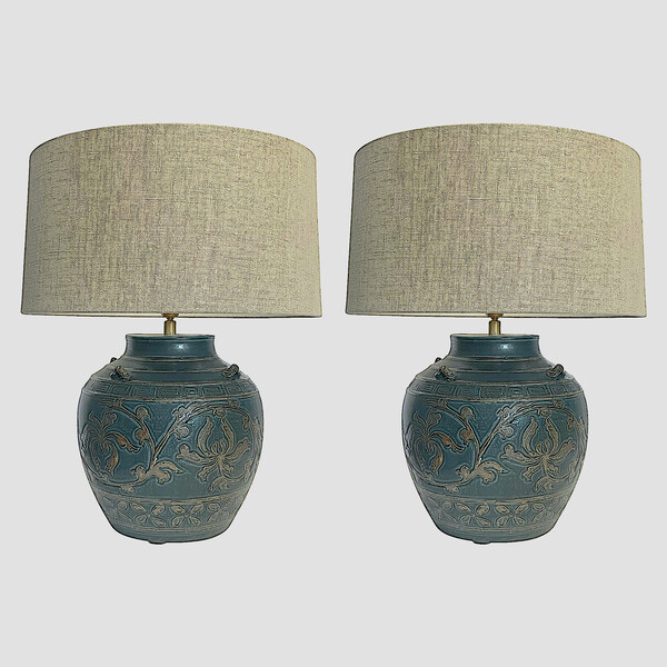 Contemporary Chinese Pair Dark Turquoise  Lamps