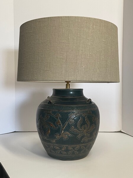 Contemporary Chinese Pair Dark Turquoise  Lamps