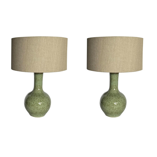 Contemporary Chinese Pair Funnel Neck Olive Glaze Lamps