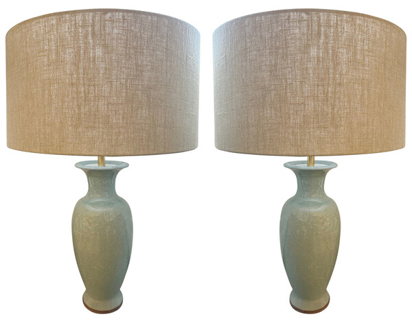 Contemporary Chinese Pair Pale Turquoise Crackle Glazed Lamps