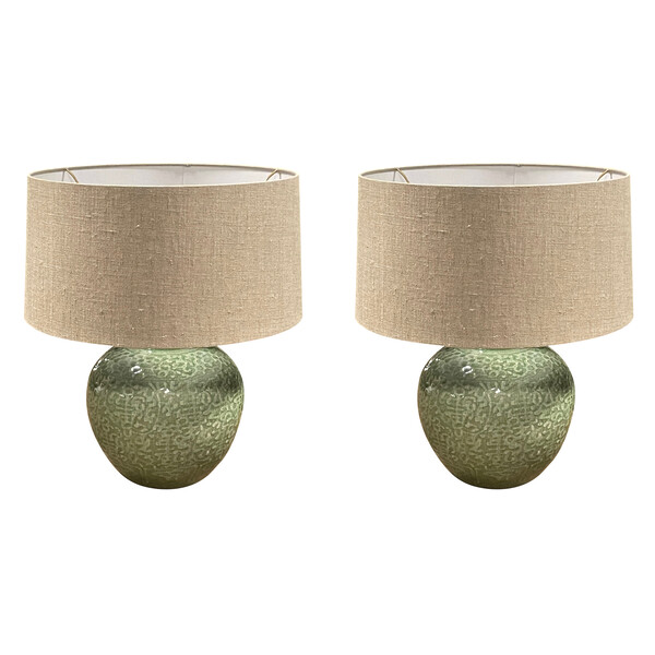 Contemporary Chinese Pair Patterned Celadon Lamps