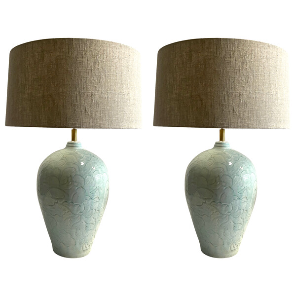 Contemporary Chinese Pair Patterned Pale Turquoise Lamps