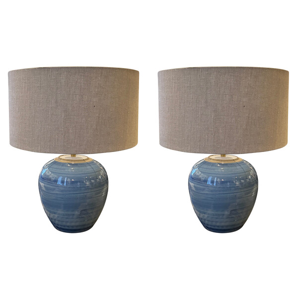 Contemporary Chinese Pair Striated Blue Lamps