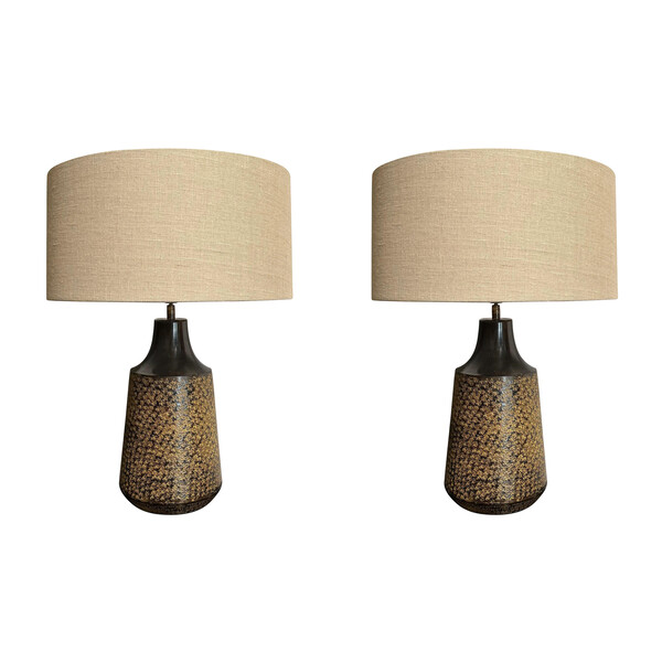 Contemporary Chinese Pair Textured Metal Lamps
