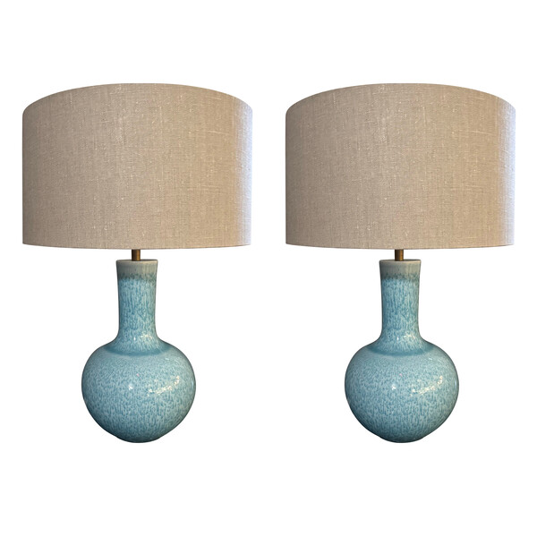 Contemporary Chinese Pair Turquoise Splatter Glazed Lamps