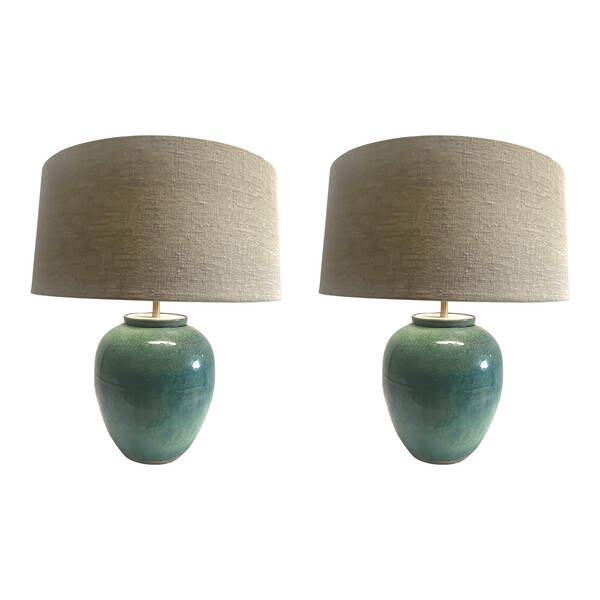 Contemporary Chinese Pair Washed Emerald Glaze Lamps