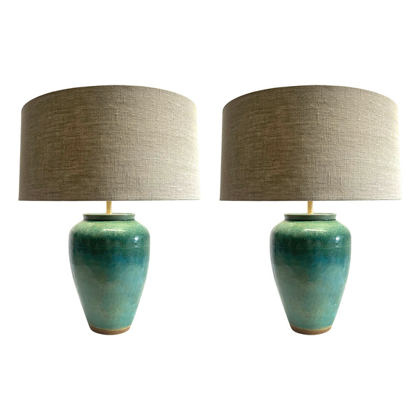 Contemporary Chinese Pair Washed Emerald Glaze Lamps