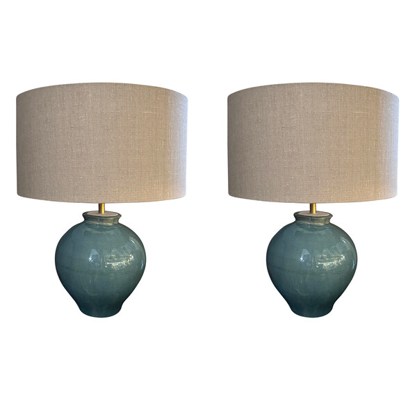 Contemporary Chinese Pair Washed Turquoise Round Shaped Lamps