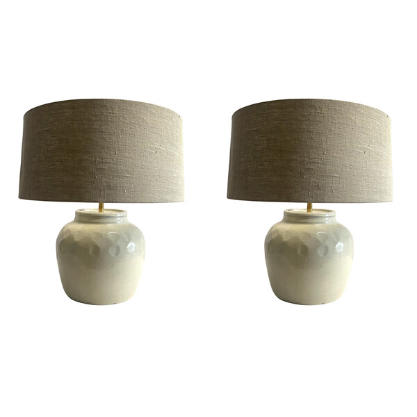 Contemporary Chinese Pair White Dimple Design Lamps