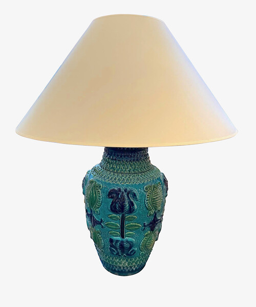 Mid Century French Single Tropical Motif Turquoise Lamp