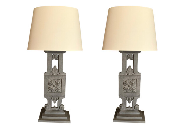 1920's Belgian Pair Carved Wood Balustrade Lamps