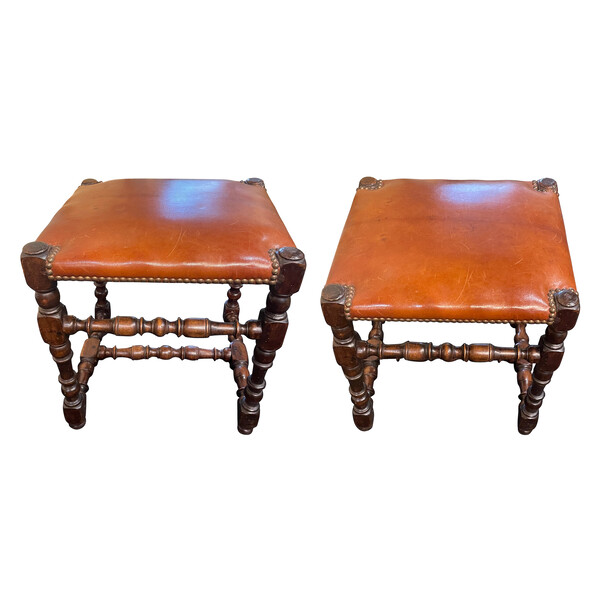 19thc Italian Pair Leather Foot Stools