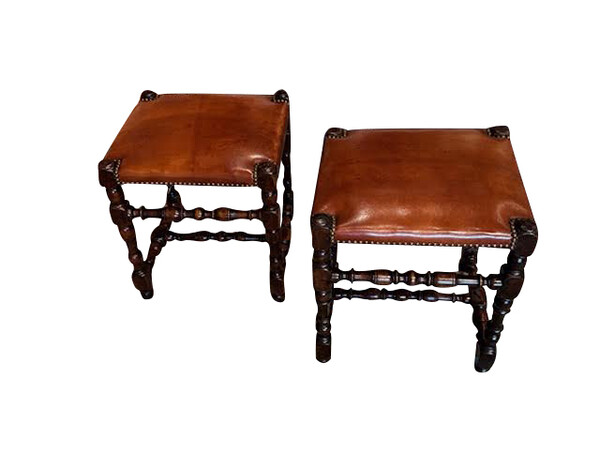 19thc Italian Pair Leather Foot Stools