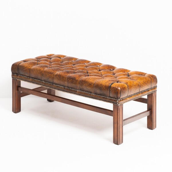 1920's English Tufted Leather Bench